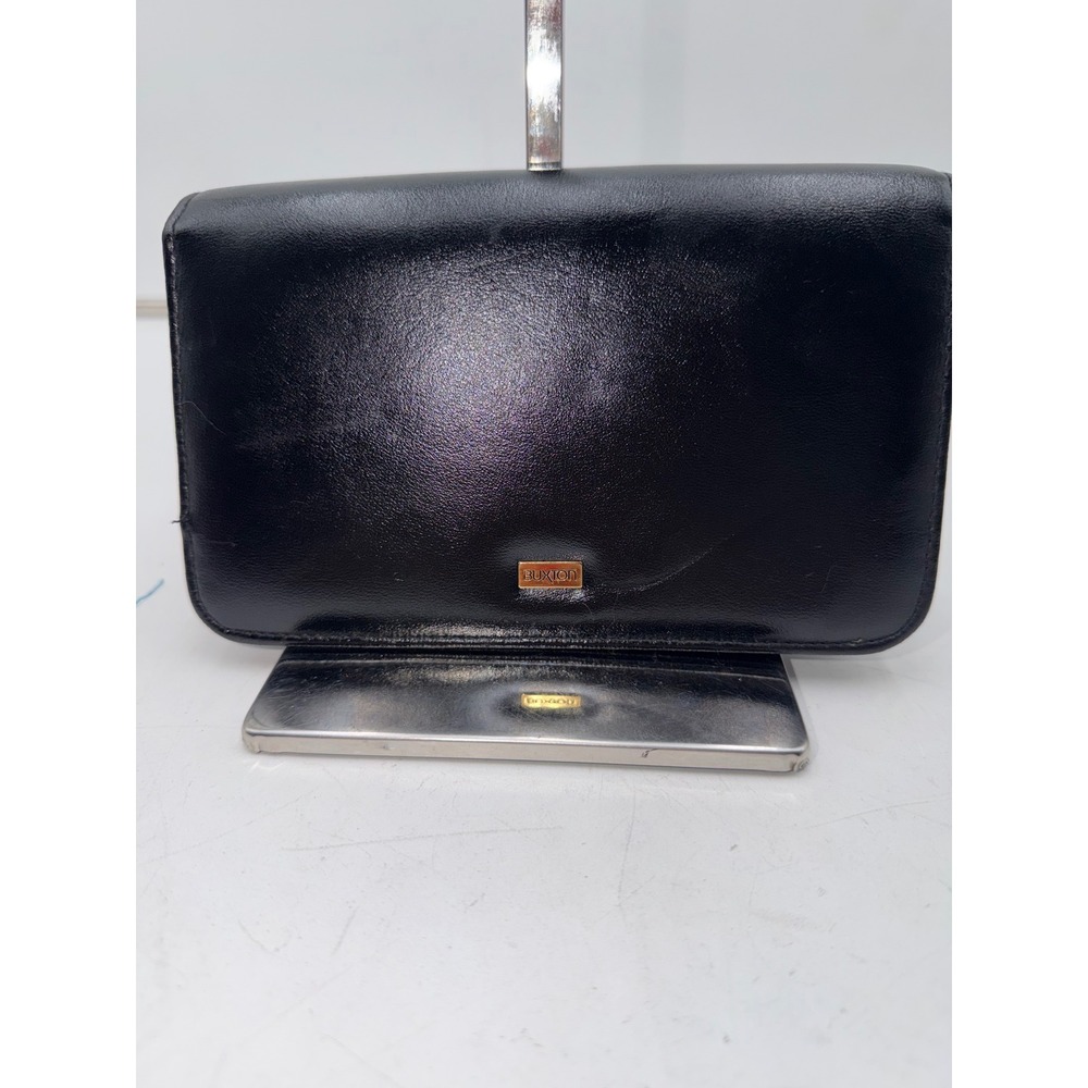 Buxton Black Leather Clutch Wallet Wristlet Gold Hardware Mirror Organizer